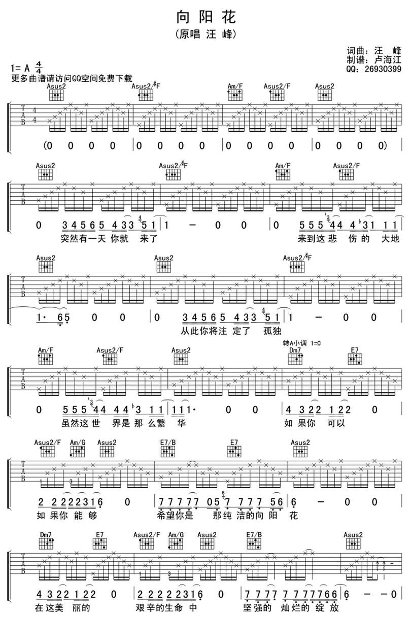 向陽花-汪峯-图片吉他谱-0
